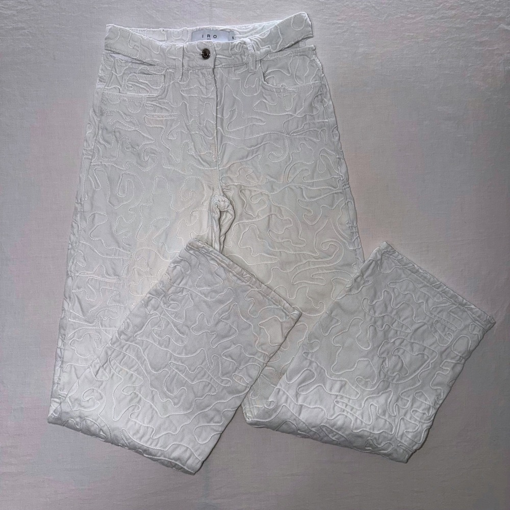 IRO Paris Womens 34 White Embroidered Jeans Designer Straight Leg Textured Denim